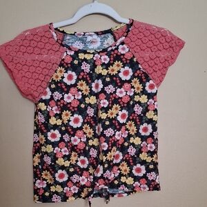 Tousie Girls' Black Floral Tie-Hem Top with Coral Lace Sleeves